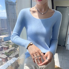 紧身U领100纯羊毛衫女修身套头灰色内搭毛衣秋冬高档显瘦针织打底，女装羊毛衫，百越羊绒