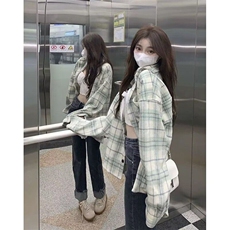 格子衬衫女春春秋韩系设计感小众长袖衬衣美式复古宽松薄外套，男装衬衫，星座506A
