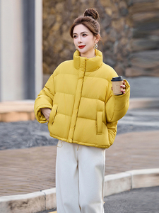 黄色羽绒服宽松短款外套2024冬装立领抽绳简约显白面包服女图片