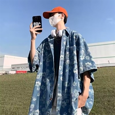 美式满印花朵牛仔短袖衬衫男夏季潮流休闲衬衣外套CA31-P50，男装T恤，星座208-5