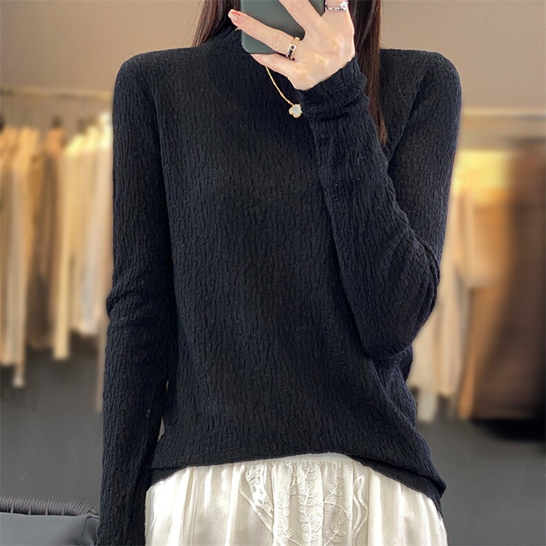 秋冬新款半高领纹理精纺羊毛衫女针织打底衫宽松显瘦纯色套头长袖，女装羊毛衫，越洋羊