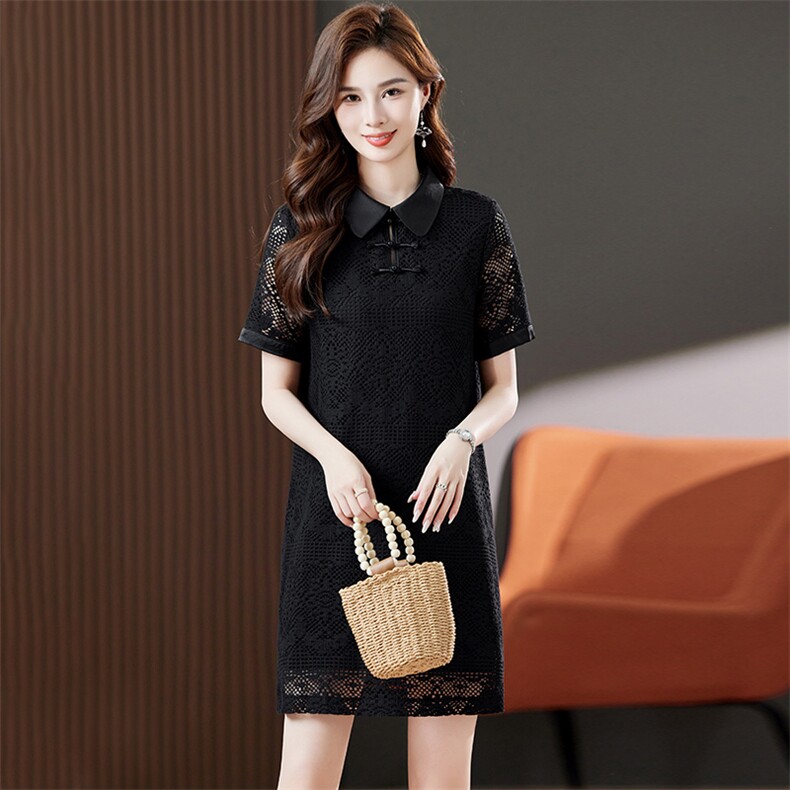 新中式镂空蕾丝连衣裙女2025夏季新款国风盘扣气质翻领显瘦a字裙，女装连衣裙，浙宝2-166