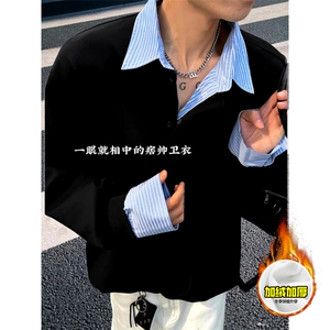 重磅加绒硬挺boxy男女美式高街假两件衬衫领长袖卫衣POLO领打底衫图片