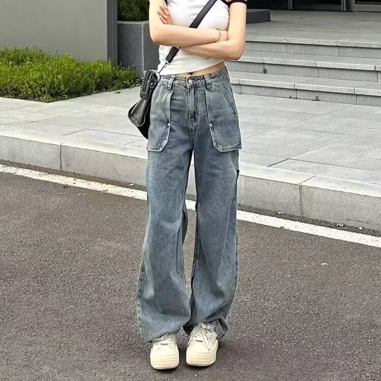 美式复古水洗工装牛仔裤女高街新款高腰宽松显瘦百搭直筒阔腿长裤,女装牛仔裤,星座506A