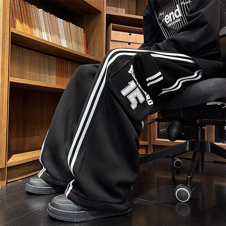 美式hiphop工装裤秋冬2024新款男女款情侣服套装加绒阔腿街舞裤子,男装休闲裤,星座506A