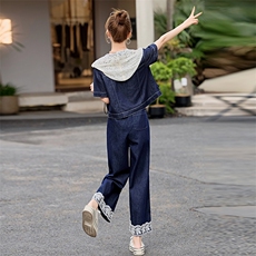设计感小众牛仔套装女2025夏季新款蕾丝上衣拼接阔腿裤两件套，女装套装/套裙，E百度