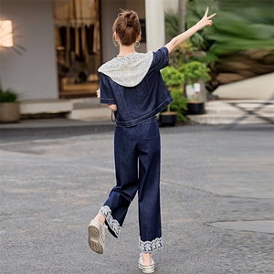 设计感小众牛仔套装女2025夏季新款蕾丝上衣拼接阔腿裤两件套图片