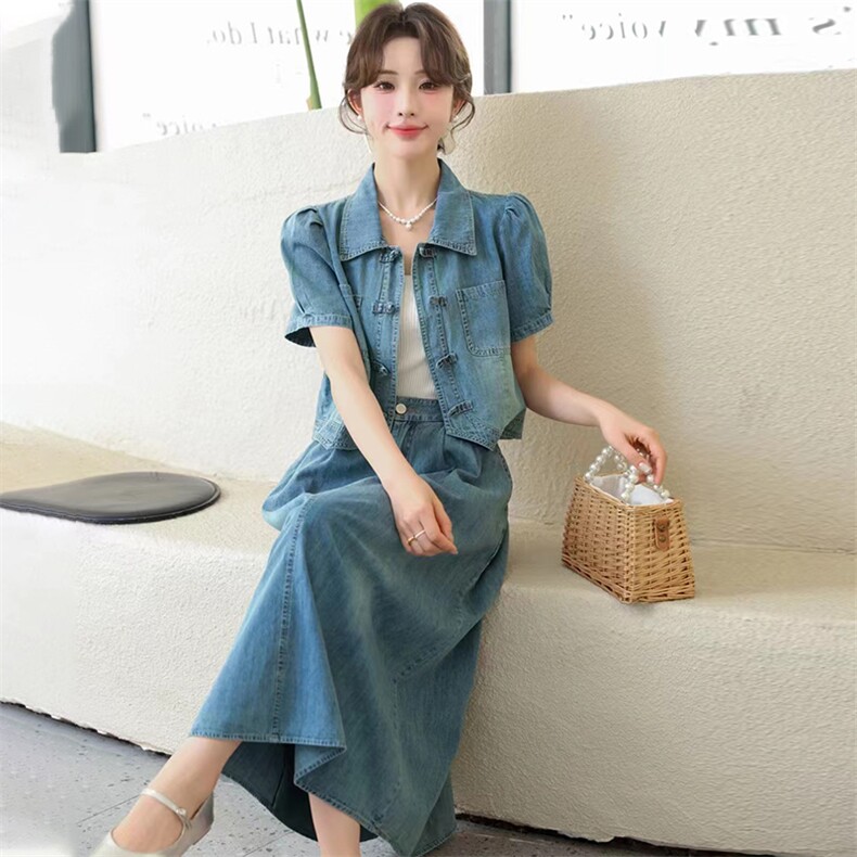 短袖牛仔套装女2024夏季新款女装两件套时尚套装裙子,女装套装/套裙,香水丽阁