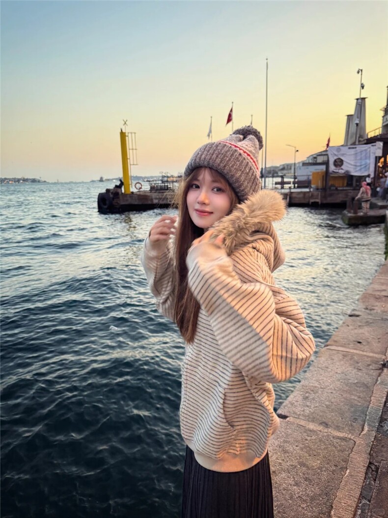 网图美式复古条纹毛领连帽卫衣外套女秋季休闲宽松开衫上衣特P79,女装短外套,电商C306-1