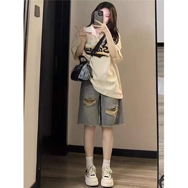 美式街头破洞牛仔短裤男女夏季水洗旧vintage裤子设计毛边五分裤,男装牛仔裤,星座506A