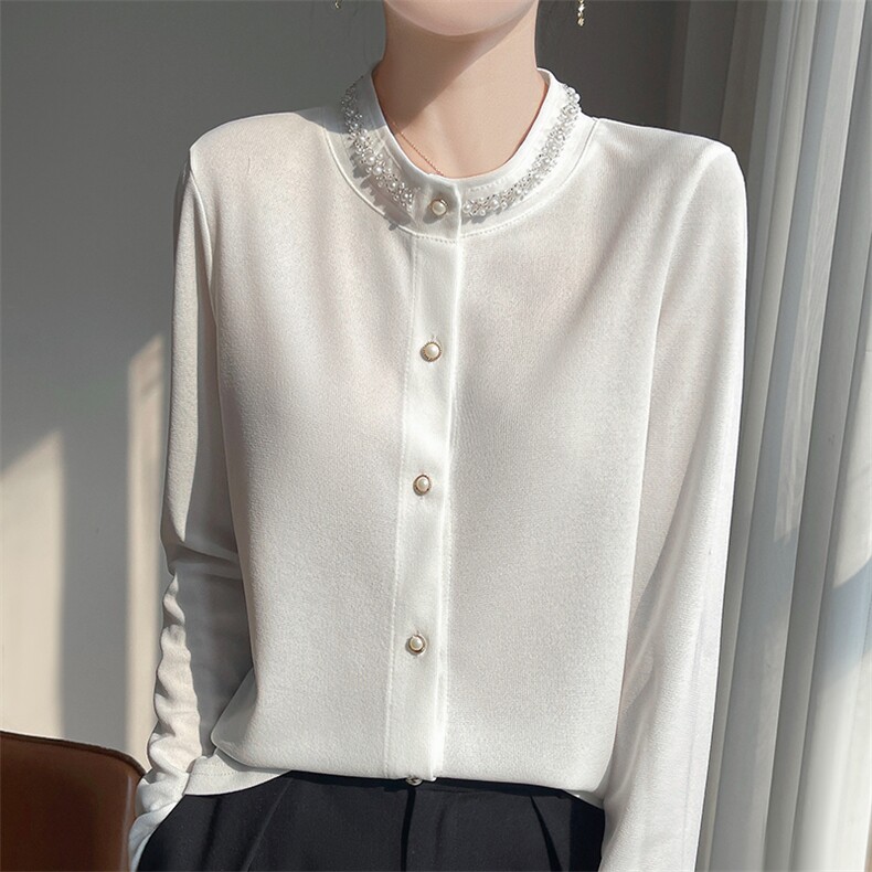 韩版时尚简约百搭珍珠领长袖开衫衬衣，女装衬衫，圣丽羊绒