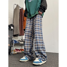 11美式街头复古格子裤男女同款宽松阔腿直筒裤XZ211-1-K2354-P60，男装休闲裤，星座211-1