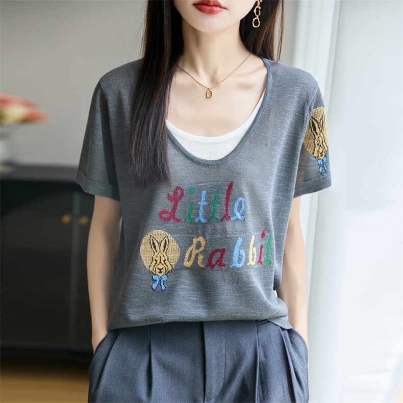 夏季新款14针竹节麻假两件兔子短袖女修身显瘦百搭时尚休闲上衣,女装T恤,贵皇网供仓