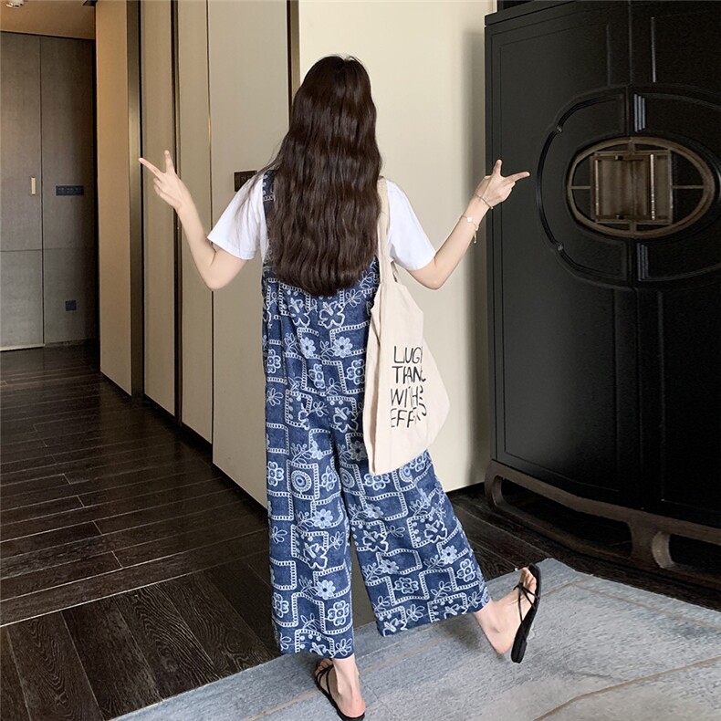 撞色背带裤女2025夏季新款新款韩版高级感显瘦雪纺碎花九分休闲裤,女装连体裤,2C353
