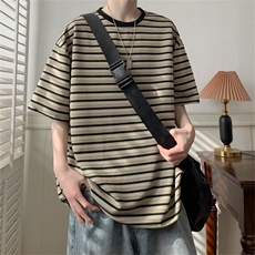 条纹t恤短袖男夏季复古宽松休闲半袖上衣高街五分袖体恤，男装T恤，星座410-6（原星座1304-1）