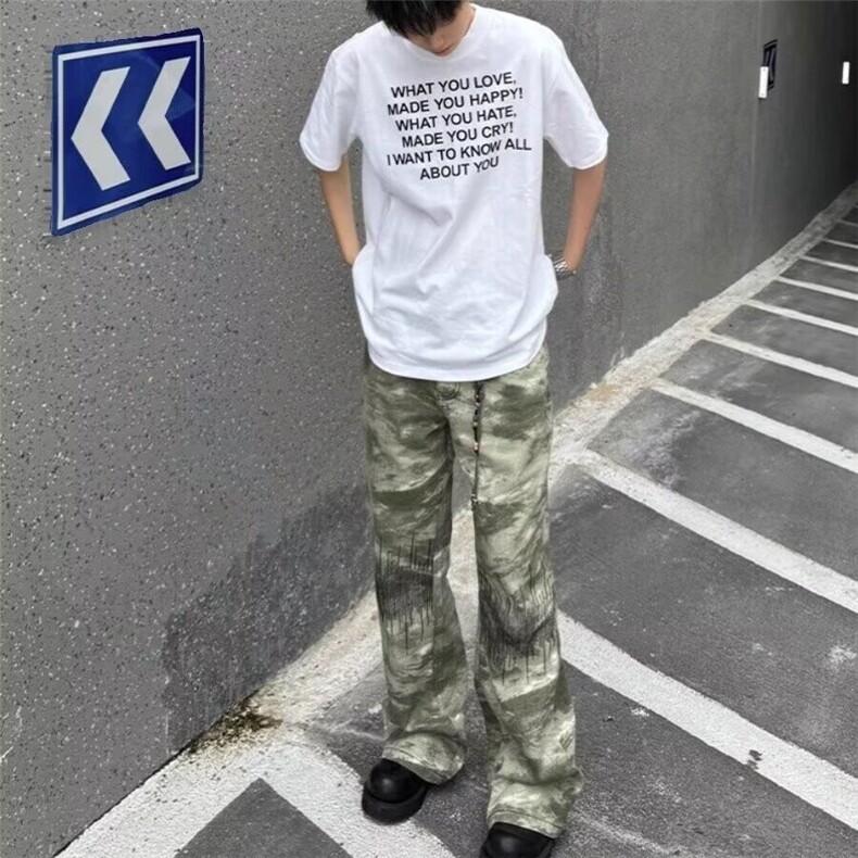 D7785-P50美式迷彩微喇休闲牛仔裤男宽松刺绣阔腿长裤潮-网图现货,男装牛仔裤,星座603-2