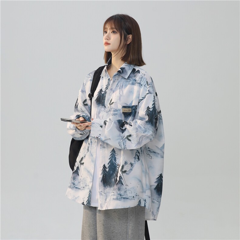 XZ-230-1CS227新中性风简约宽松百搭渐变仙鹤休闲长袖衬衫P50控68图片