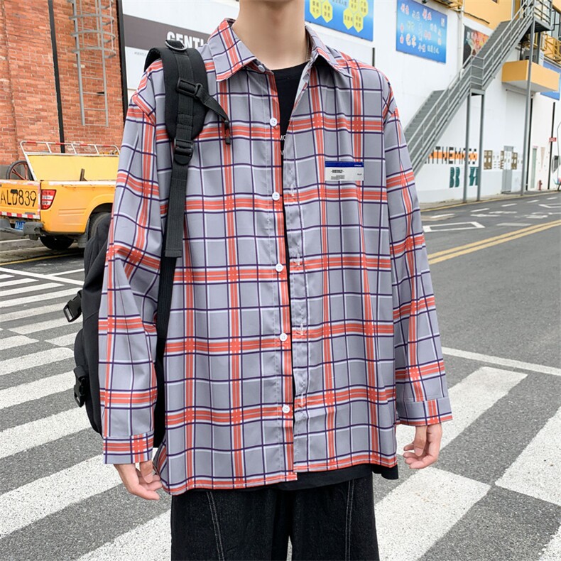格子衬衫男ins百搭港风秋季休闲长袖衬衣宽松薄款外套W1094-P30,男装衬衫,星座512-2