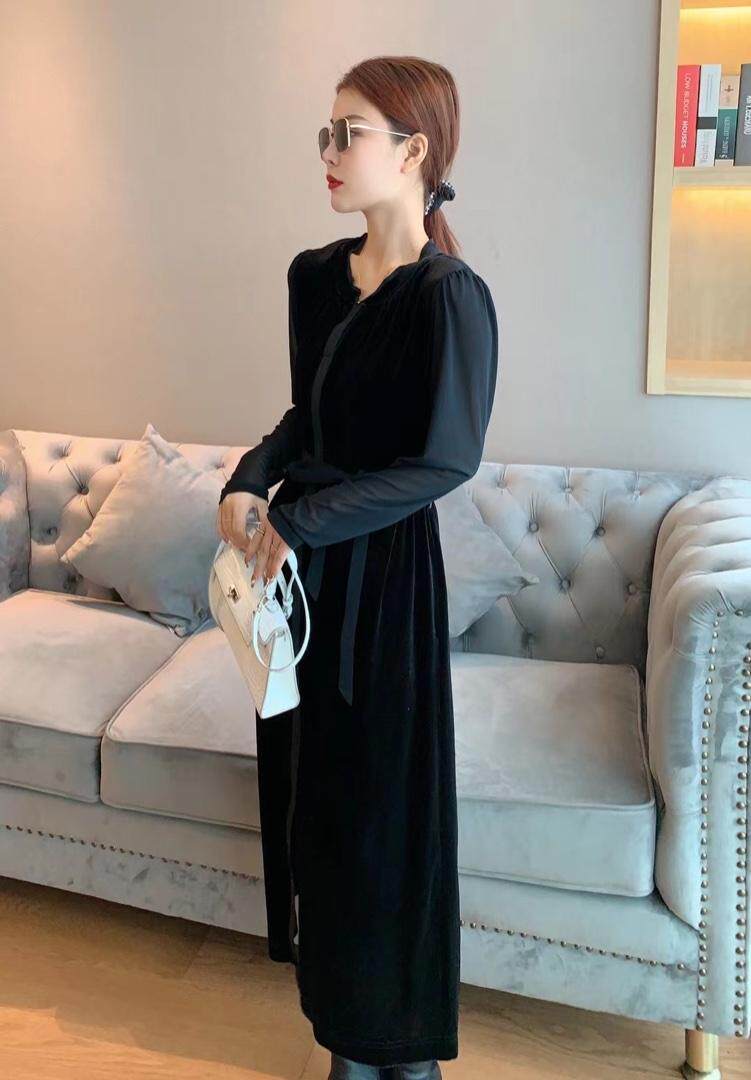 秋款气质金丝绒连衣裙M一XXL，女装连衣裙，名门秀