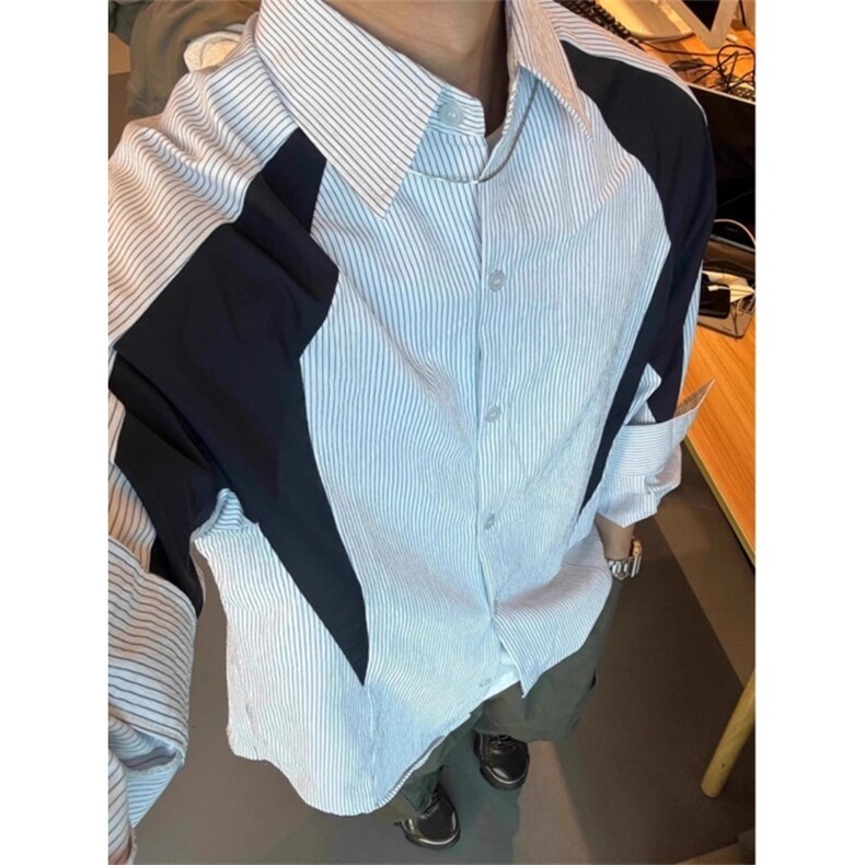 美式复古解构撞色拼接条纹衬衫设计感高级翻领衬衣外套男图片