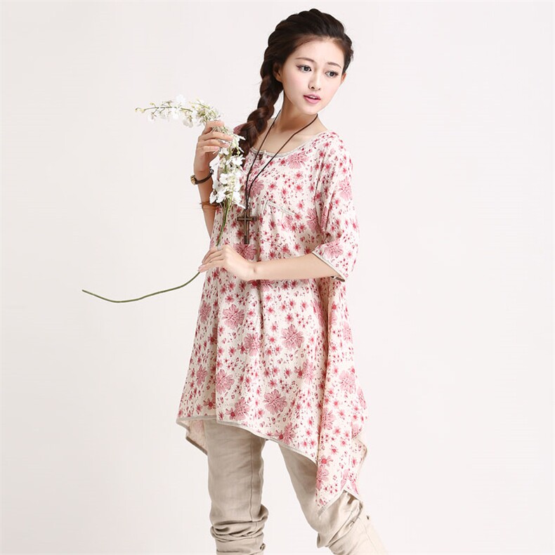 百搭碎花圆领2024年夏季短袖直筒中长款衬衫，女装衬衫，风姿绰