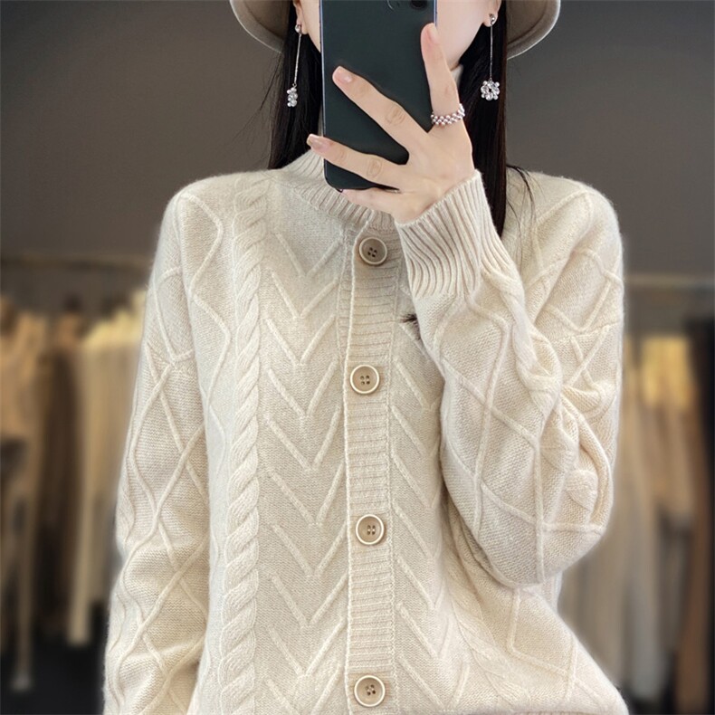 2025年秋季新款百搭女士提花羊毛开衫,女装羊毛衫,春贝羊绒