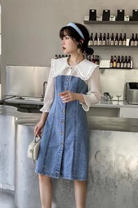 现货热卖拼色牛仔连衣裙，女装连衣裙，迈裳亿