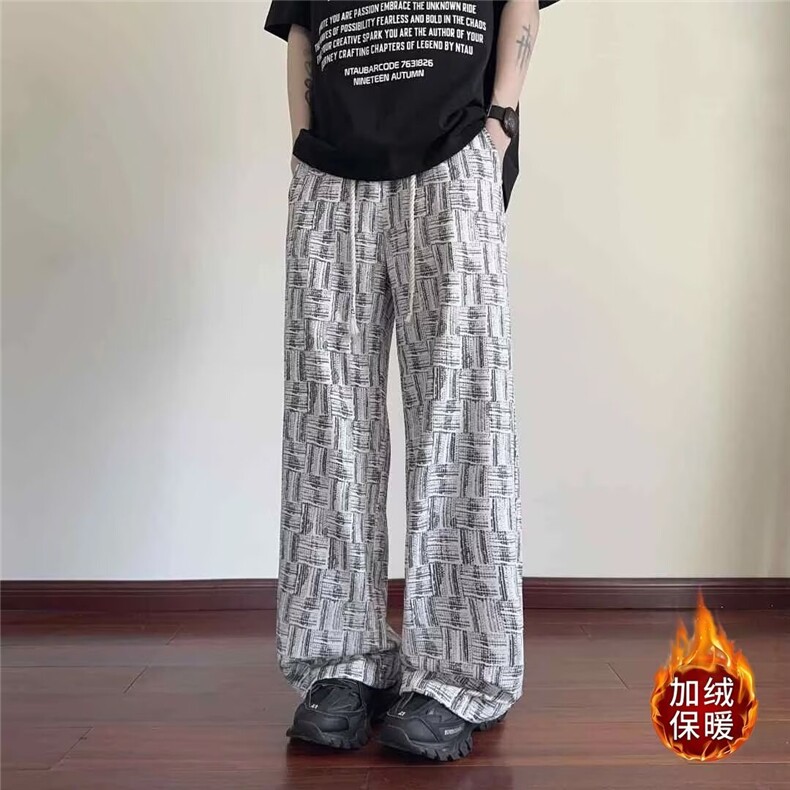 美式扎染水洗裤子男新款水墨设计感卫裤直筒宽松运动加绒长裤图片