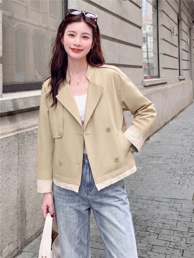 2026秋卡其色蕾丝拼接短款风衣外套女,女装短外套,