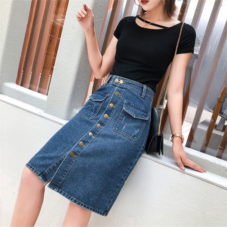 牛仔裙中裙女高腰韩版排扣大码女装200斤百搭2021夏新款5802,女装牛仔裤,潮品会