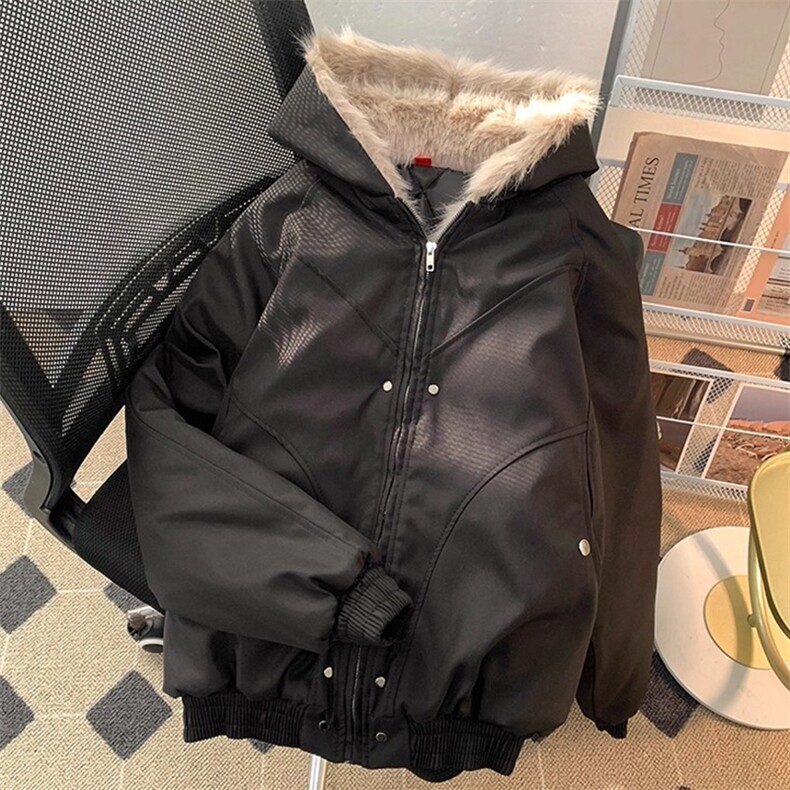 现货高品质美式高街冬季重磅硬挺短款座山雕毛领棉衣男女加厚外套图片