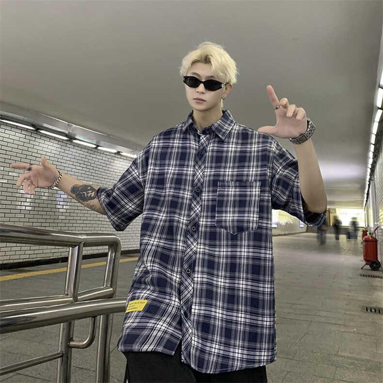 港风大码美式复古贴标格子翻领短袖衬衫男XZ213-CS8806-P45控58,男装衬衫,星座213