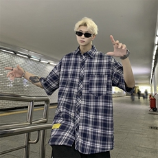 港风大码美式复古贴标格子翻领短袖衬衫男XZ213-CS8806-P45控58，男装衬衫，星座213