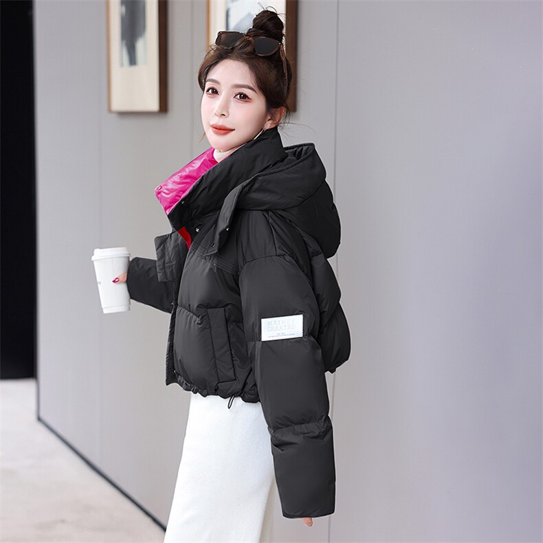 2024冬季新款短款面包服时尚白鸭绒加厚立领拼色羽绒服外套,女装羽绒服,卡杰菲