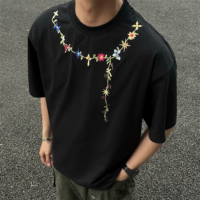 万针全刺绣工艺抖音得物高品质260克重磅纯棉双纱美式高街短袖T恤图片
