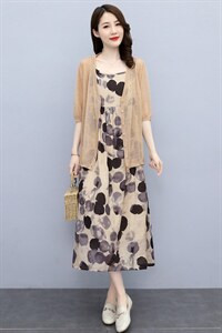 现货！棉麻套装/套裙2024年夏季时尚气质百搭优雅印花简约两件套，女装套装/套裙，一安秀