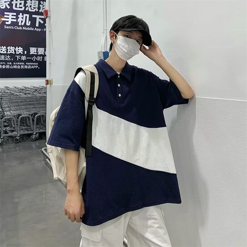 C520P31日系复古潮牌拼接POLO衫男短袖夏季新款宽松青少年上衣潮,男装Polo衫,星座512-6