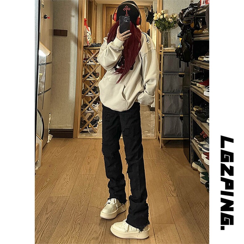 2026春季新款中性风大码vibe破洞微喇牛仔裤S-5XGK23111-特P40，男装牛仔裤，电商A022