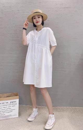 XL9917韩版夏季新款圆领宽松显瘦打褶皱单排扣中长款连衣裙,女装连衣裙,L·H·X