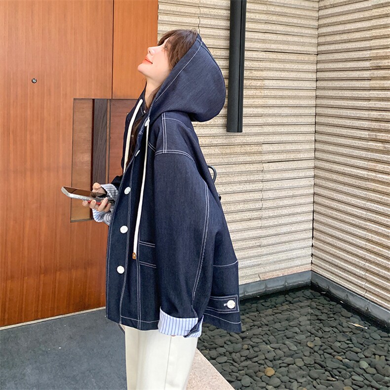 条纹拼接风衣式连帽牛仔外套女春秋2025新款超火流行超好看小个子,女装风衣,浙宝285（原212）