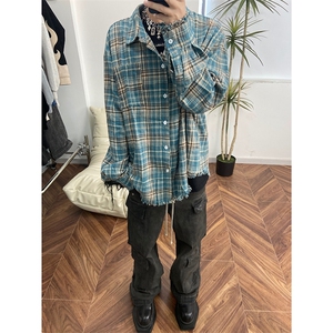 蓝色格子衬衫男夏季美式vintage高级感长袖衬衣情侣休闲百搭上衣