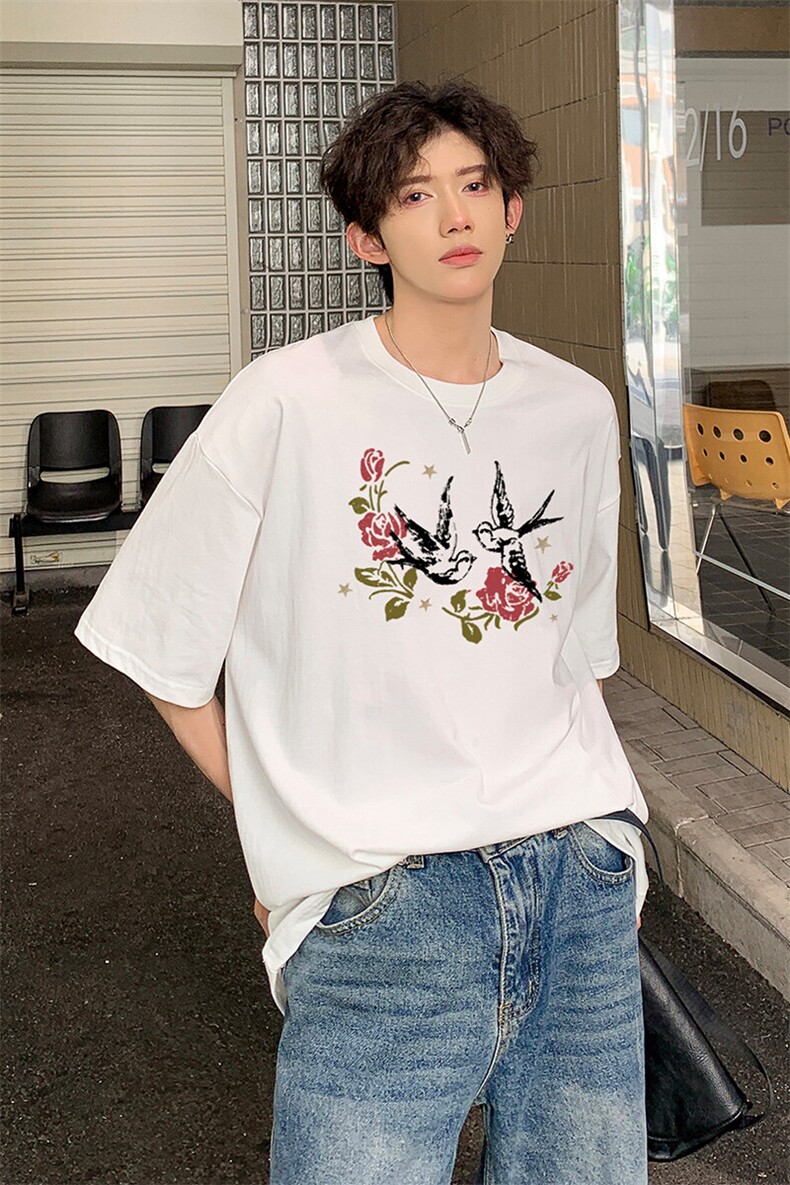 松弛感休闲简约上衣极简文艺高街花卉印花短袖T恤HY785TP25控38,男装T恤,电商A102B