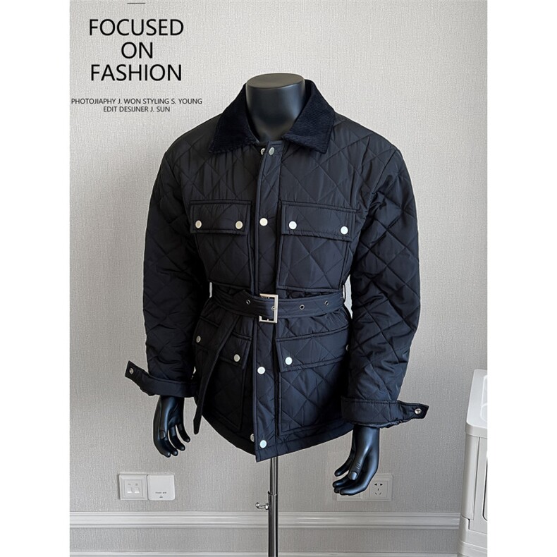 英伦腰带设计菱格中长款棉衣MY04/P148控188，男装棉衣，电商A242