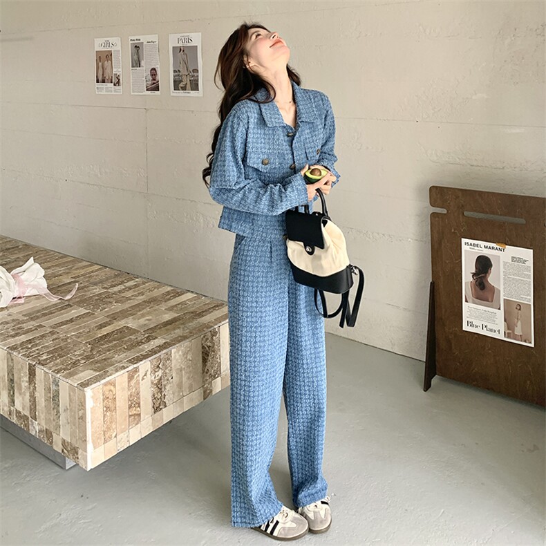蓝色小香风牛仔套装女2025春季新款韩系休闲短款上衣阔腿裤两件套图片