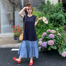 法式藏青色拼接无袖背心连衣裙女夏2025新款轻奢高级感巨好看别致，女装连衣裙，维壹