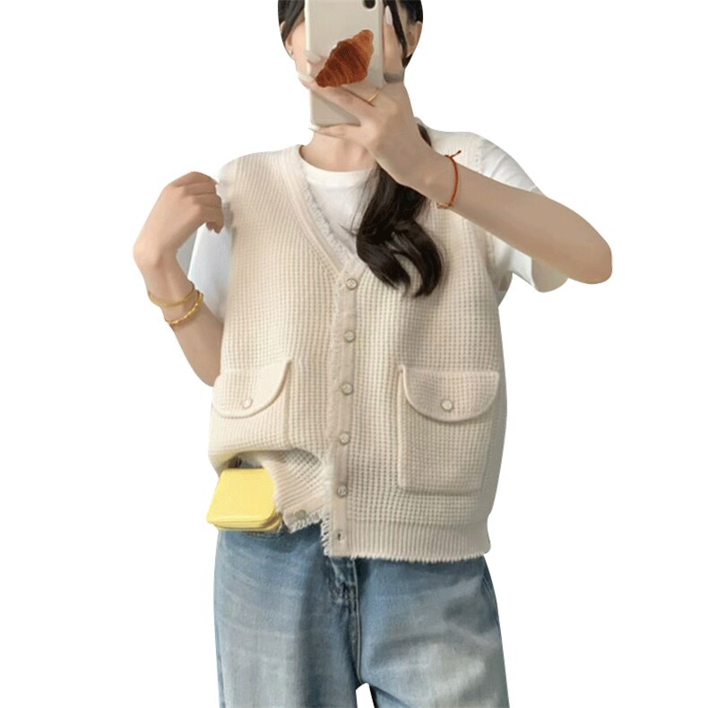 时尚百搭秋冬保暖防风V领针织马甲女宽松显瘦无袖外套,女装马甲,琳尚羊绒