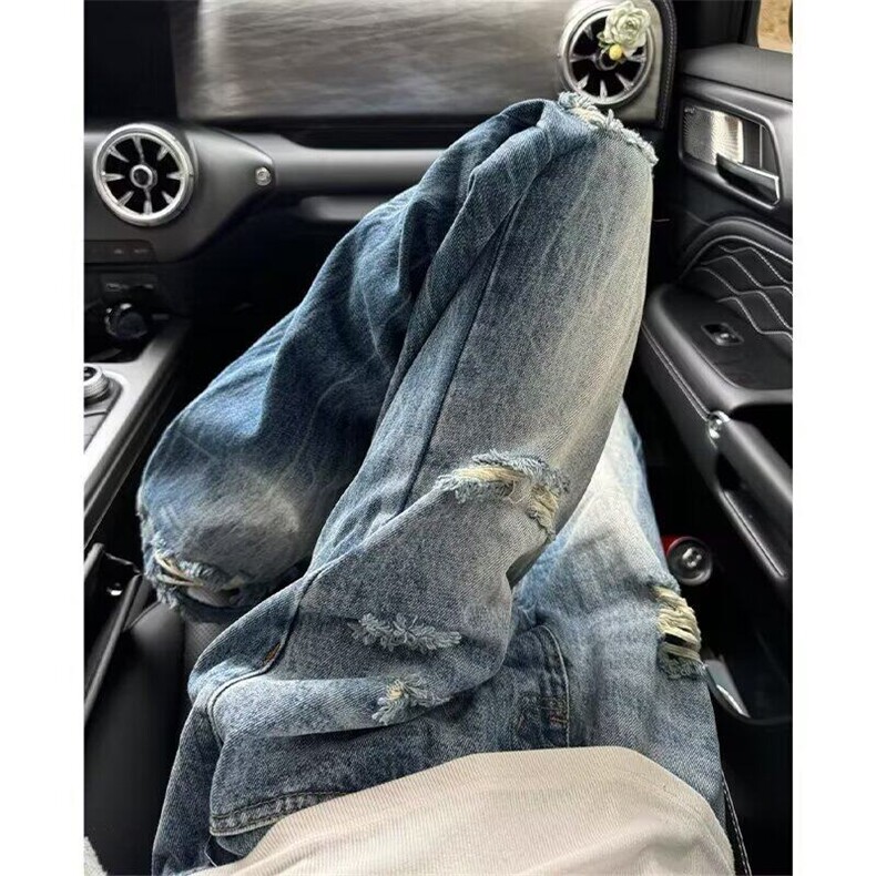 蓝色闪电水洗破洞牛仔裤男款文艺百搭潮流新款时尚休闲裤网络图，男装休闲裤，星座410-7