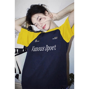 夏季美式高街重磅纯棉三条杠织带插肩撞色男女短袖T恤CZ182-特P25图片