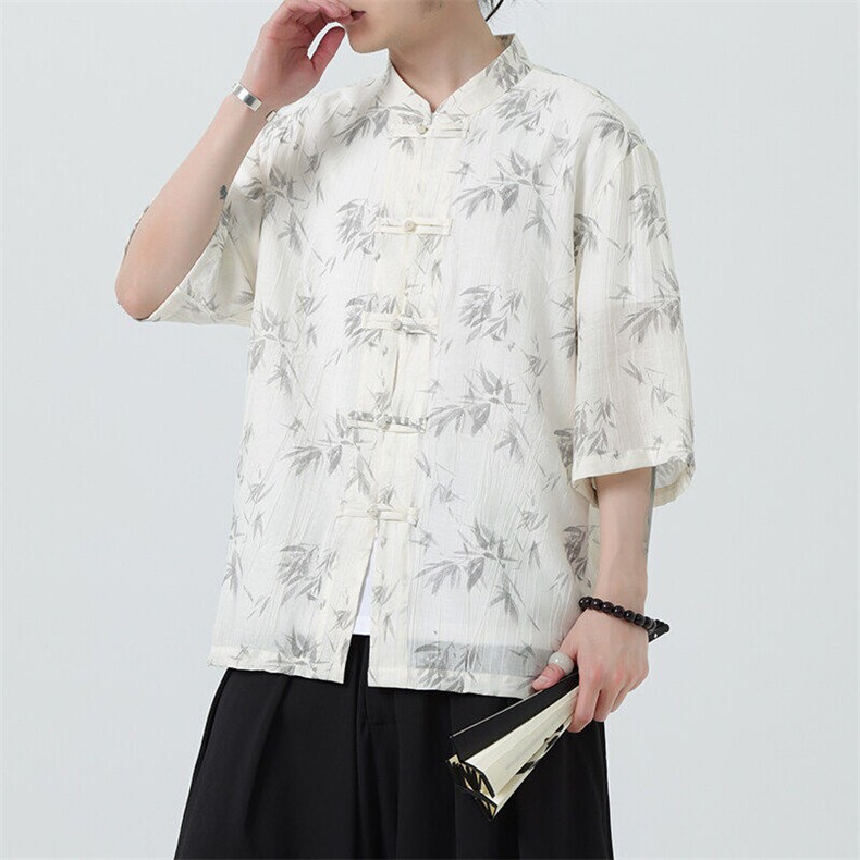 2025春季新款风男汉服盘扣新中式唐装竹叶印花衬衫C107-P55,男装衬衫,电商B277(原6028)