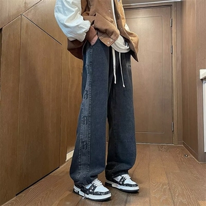 直筒牛仔裤男潮牌美式复古宽松休闲水洗设计感抽绳阔腿裤子图片